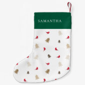 赤モダンミニマル（鳥）ショウジョウコウカンチョウクリスマスツリーパターン スモールクリスマスストッキング (裏面)