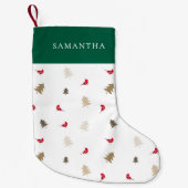 赤モダンミニマル（鳥）ショウジョウコウカンチョウクリスマスツリーパターン スモールクリスマスストッキング (正面)