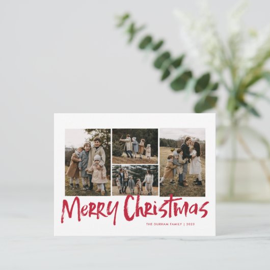 赤モダンレタリング5枚フォトメリークリスマス シーズンポストカード (スタンド正面)