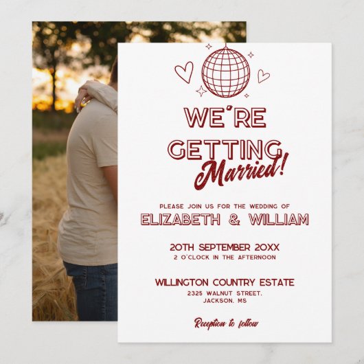 赤モダンレトロディスコGroovy結婚の写真 招待状 (正面/裏面)