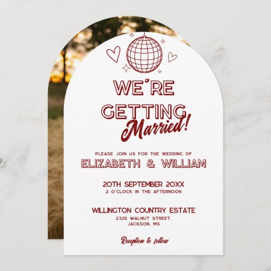 赤モダンレトロディスコGroovy結婚の写真 招待状 (正面/裏面)