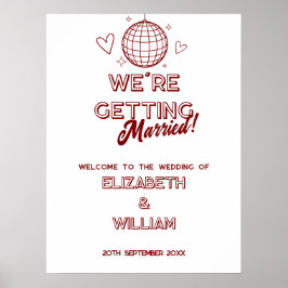 赤モダンレトロディスコGroovy結婚の歓迎サイン ポスター