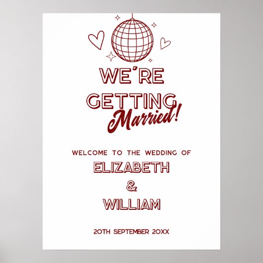 赤モダンレトロディスコGroovy結婚の歓迎サイン ポスター (正面)