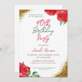 赤モダンローズ90誕生日 招待状 (正面/裏面)