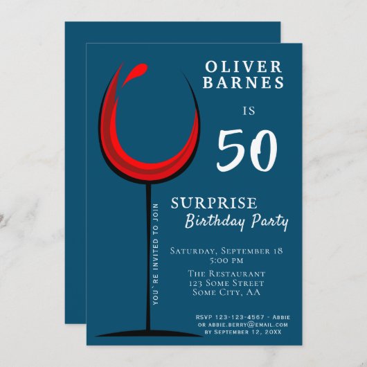 赤モダンワイングラス50誕生日サプライズパーティー 招待状 (正面/裏面)
