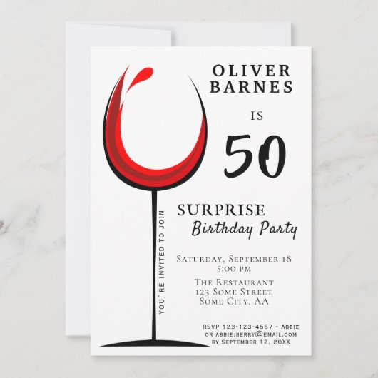 赤モダンワイン50誕生日サプライズパーティー 招待状 (正面)