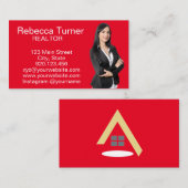 赤モダン不動産仲介業者実在Estate Agent写真 名刺 (正面/裏面)
