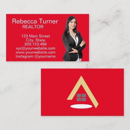 赤モダン不動産仲介業者実在Estate Agent写真 名刺 (正面/裏面)
