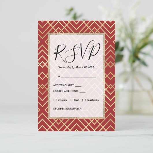 赤モダン中国のアールデコ幾何学模様 エンクロージャーカード (スタンド正面)