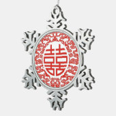 赤モダン中国の結婚幸福 スノーフレークピューターオーナメント (右)