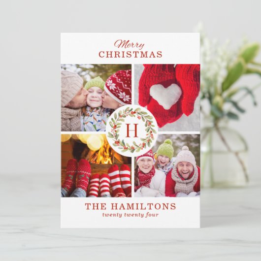 赤モダン五エレガント枚の写真クリスマスコラージュ シーズンカード (スタンド正面)