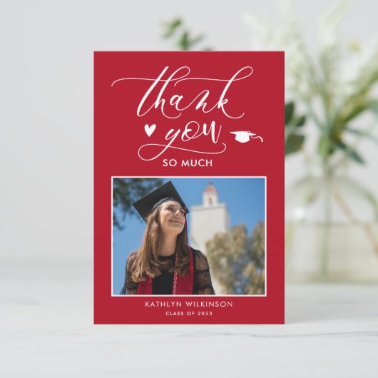 赤モダン写真卒業サンキューカード 招待状 (スタンド正面)