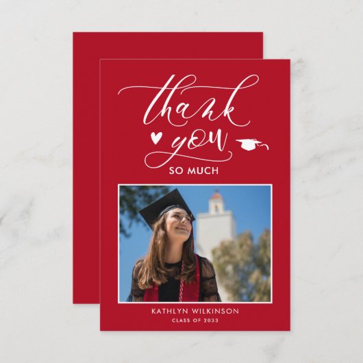 赤モダン写真卒業サンキューカード 招待状 (正面/裏面)