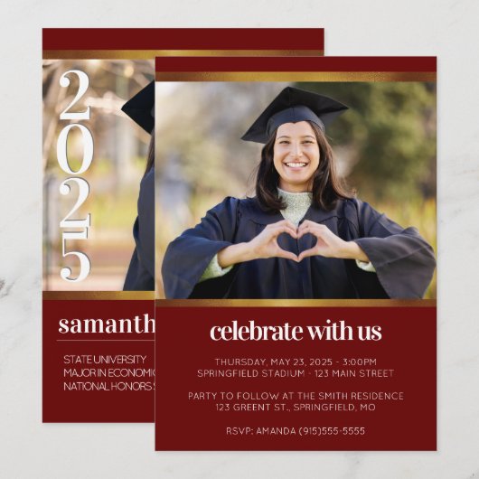 赤モダン写真卒業 招待状 (正面/裏面)