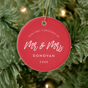 赤モダン初めてのクリスマスの結婚写真 セラミックオーナメント