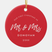 赤モダン初めてのクリスマスの結婚写真 セラミックオーナメント (正面)
