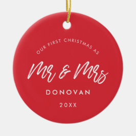 赤モダン初めてのクリスマスの結婚写真 セラミックオーナメント