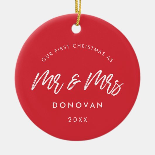 赤モダン初めてのクリスマスの結婚写真 セラミックオーナメント (正面)