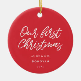 赤モダン初めてのクリスマス結婚した セラミックオーナメント