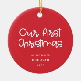 赤モダン初めてのクリスマス結婚した セラミックオーナメント