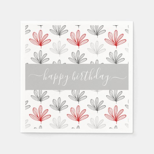 赤モダン及び灰色の花柄誕生日 スタンダードカクテルナプキン (正面)