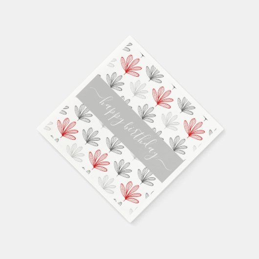 赤モダン及び灰色の花柄誕生日 スタンダードカクテルナプキン (角)