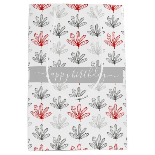 赤モダン及び灰色の花柄誕生日 ミディアムペーパーバッグ (正面)