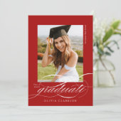 赤モダン字エレガント写真卒業パーティー 招待状 (スタンド正面)