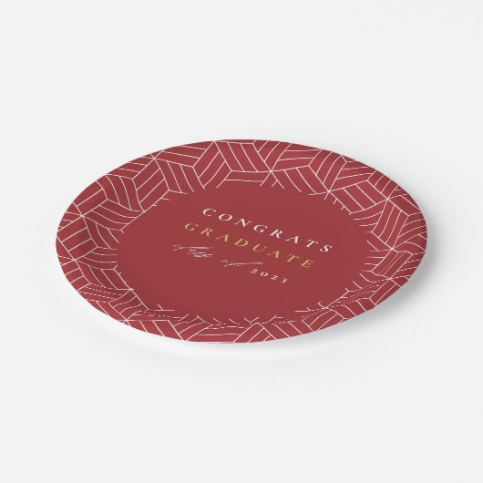 赤モダン幾何学卒業パーティー ペーパープレート (アングル)
