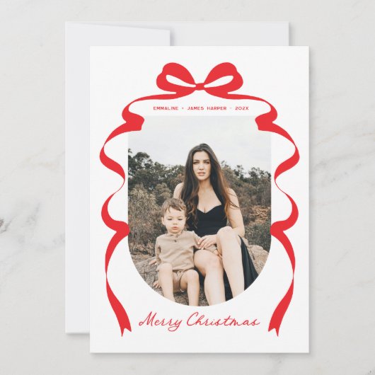 赤モダン弓フォトメリークリスマスアーチ シーズンカード (正面)