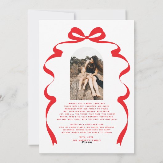 赤モダン弓フォトメリークリスマスアーチ シーズンカード (裏面)