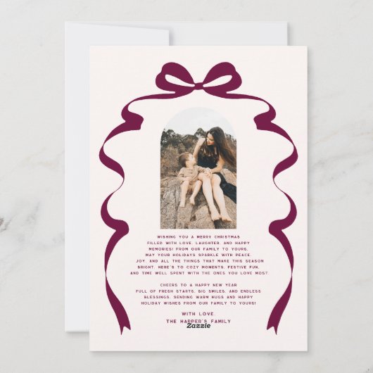 赤モダン弓フォトメリークリスマスアーチ シーズンカード (裏面)