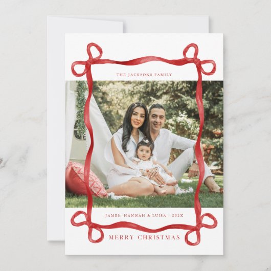 赤モダン弓メリークリスマスフォト 招待状 (正面)