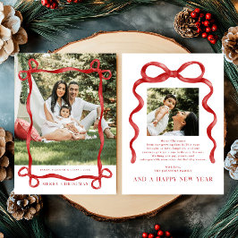 赤モダン弓メリークリスマスフォト 招待状