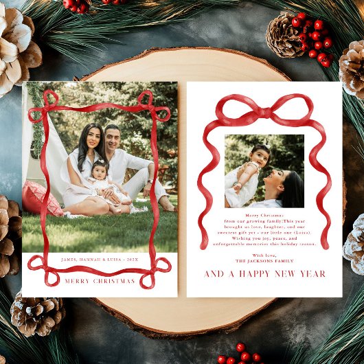 赤モダン弓メリークリスマスフォト 招待状