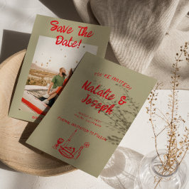 赤モダン手描きレトロ予測できな写真結婚 セーブザデート