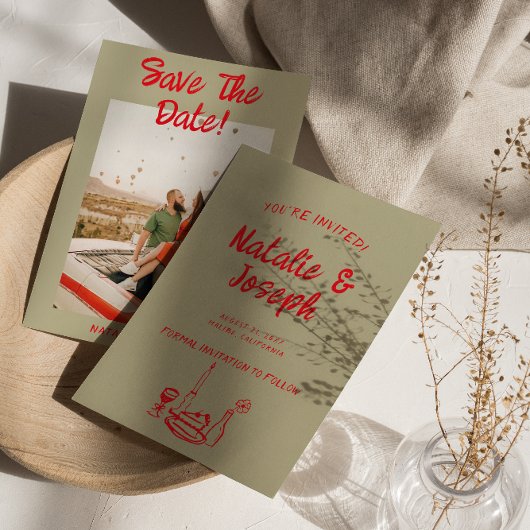 赤モダン手描きレトロ予測できな写真結婚 セーブザデート