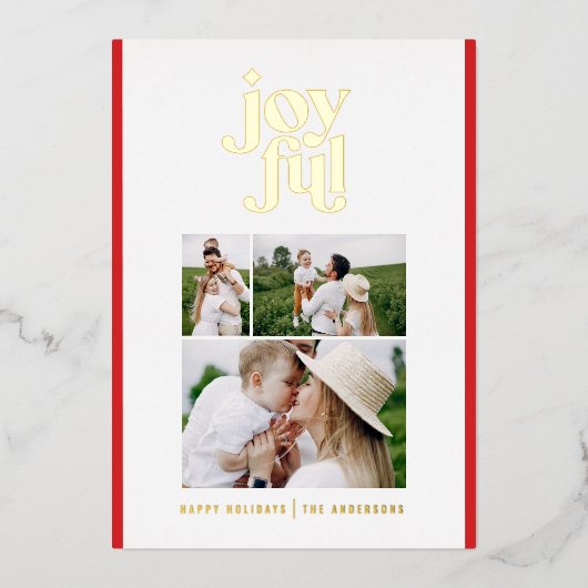 赤モダン抽象芸術喜び3フォトフォイル休日 箔シーズンカード (正面)