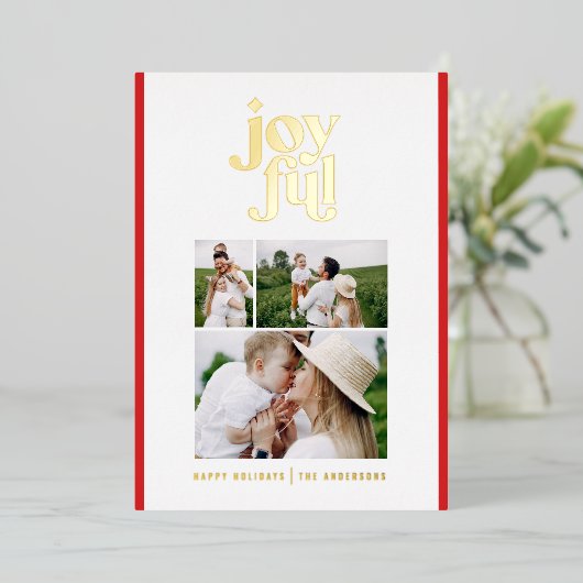 赤モダン抽象芸術喜び3フォトフォイル休日 箔シーズンカード (立ち正面)