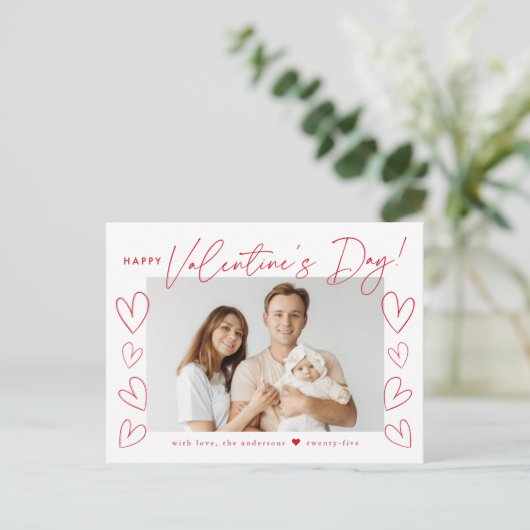 赤モダン文字バレンタインデーの写真 シーズンポストカード (スタンド正面)