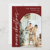 赤モダン文字メリークリスマスアーチ写真 シーズンカード (正面)