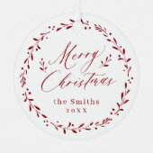 赤モダン文字メリークリスマスホリデー メタルオーナメント (正面)