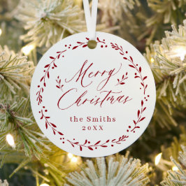 赤モダン文字メリークリスマスホリデー メタルオーナメント
