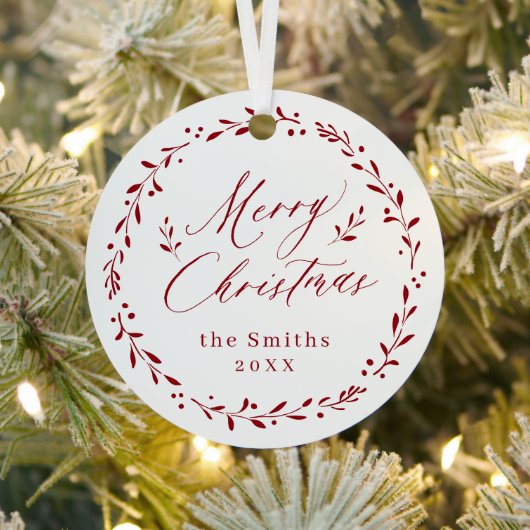 赤モダン文字メリークリスマスホリデー メタルオーナメント (インサイチュ)