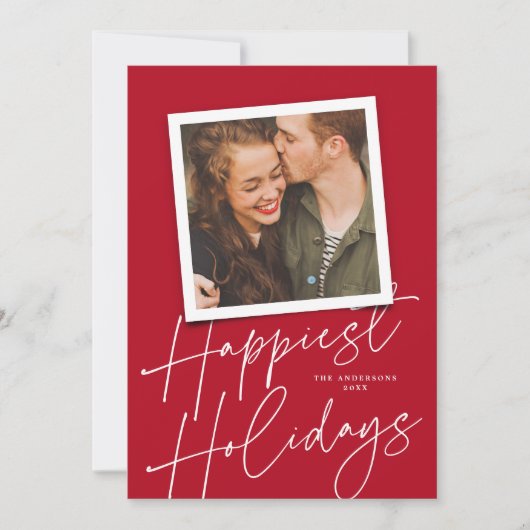 赤モダン文字最も幸せな休日のフォトカード シーズンカード (正面)