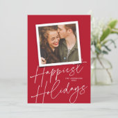 赤モダン文字最も幸せな休日のフォトカード シーズンカード (スタンド正面)