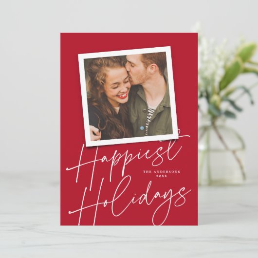 赤モダン文字最も幸せな休日のフォトカード シーズンカード (スタンド正面)