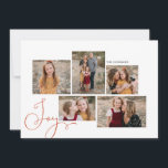 赤モダン文字Joy Collage 6枚の写真 シーズンカード<br><div class="desc">クリスマスの願いを家族や友人に送るこのフェスティバルのホリデーカード。このシンプルクリスマスカードデザインは、前面に5つの写真のコラージュを持ち、背面に1つの写真は赤い手のレタリングを伴って渦巻形のいる。ミニマモダンリストのスタイルは本当にあなたの家族の写真を輝かせる。</div>