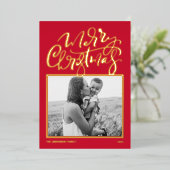 赤モダン書写真メリークリスマス 箔シーズンカード (立ち正面)
