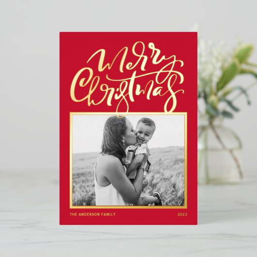 赤モダン書写真メリークリスマス 箔シーズンカード (立ち正面)